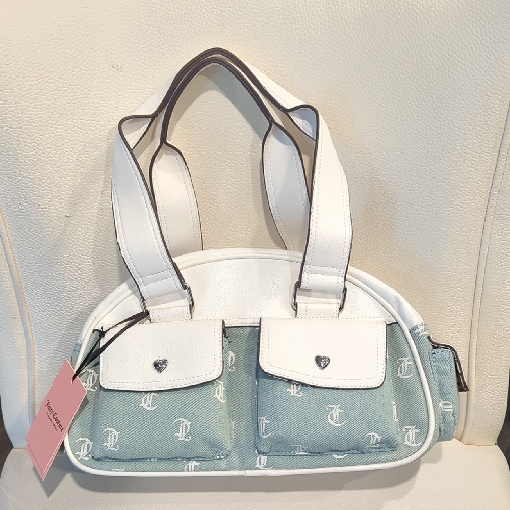 Juicy Couture White and Denim Logo Canvas Shoulder Bag